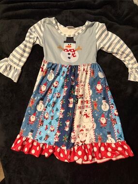 Girls Blue Snowman Holiday Dress - Kids Seasonal Costume